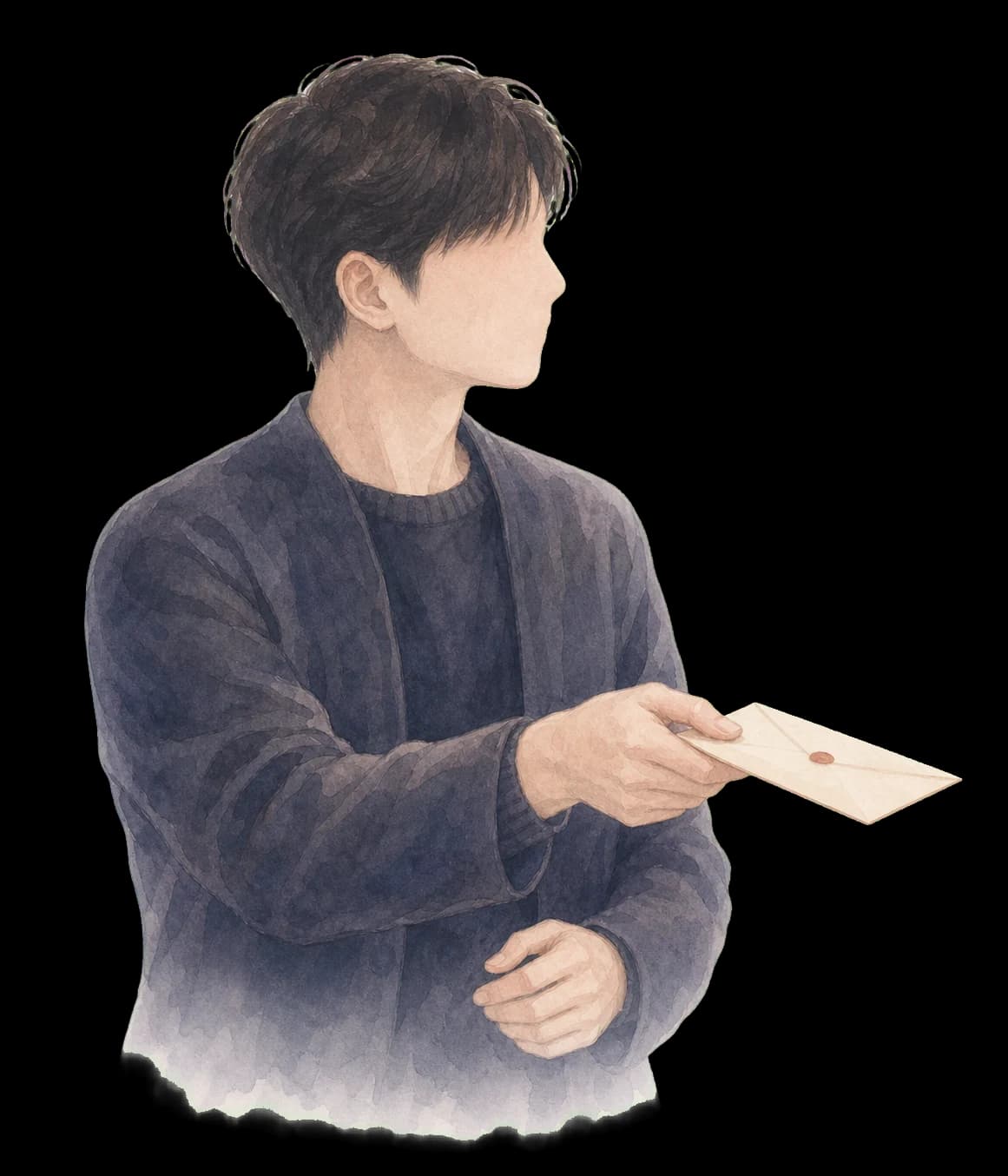 오른쪽으로 봉인된 편지를 건네는 익명의 수신자 수채화 일러스트
